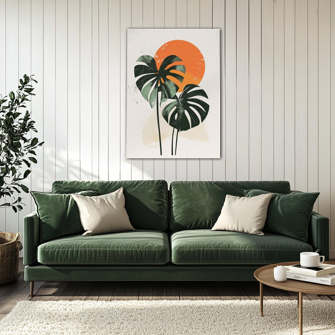Monstera Leaves Under Orange Sun Minimalist Tropical Wall Art - Image 3