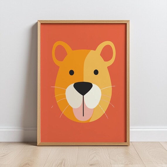 Playful Lion Face Terracotta Background Cute Nursery Kids Room Wall Art Poster