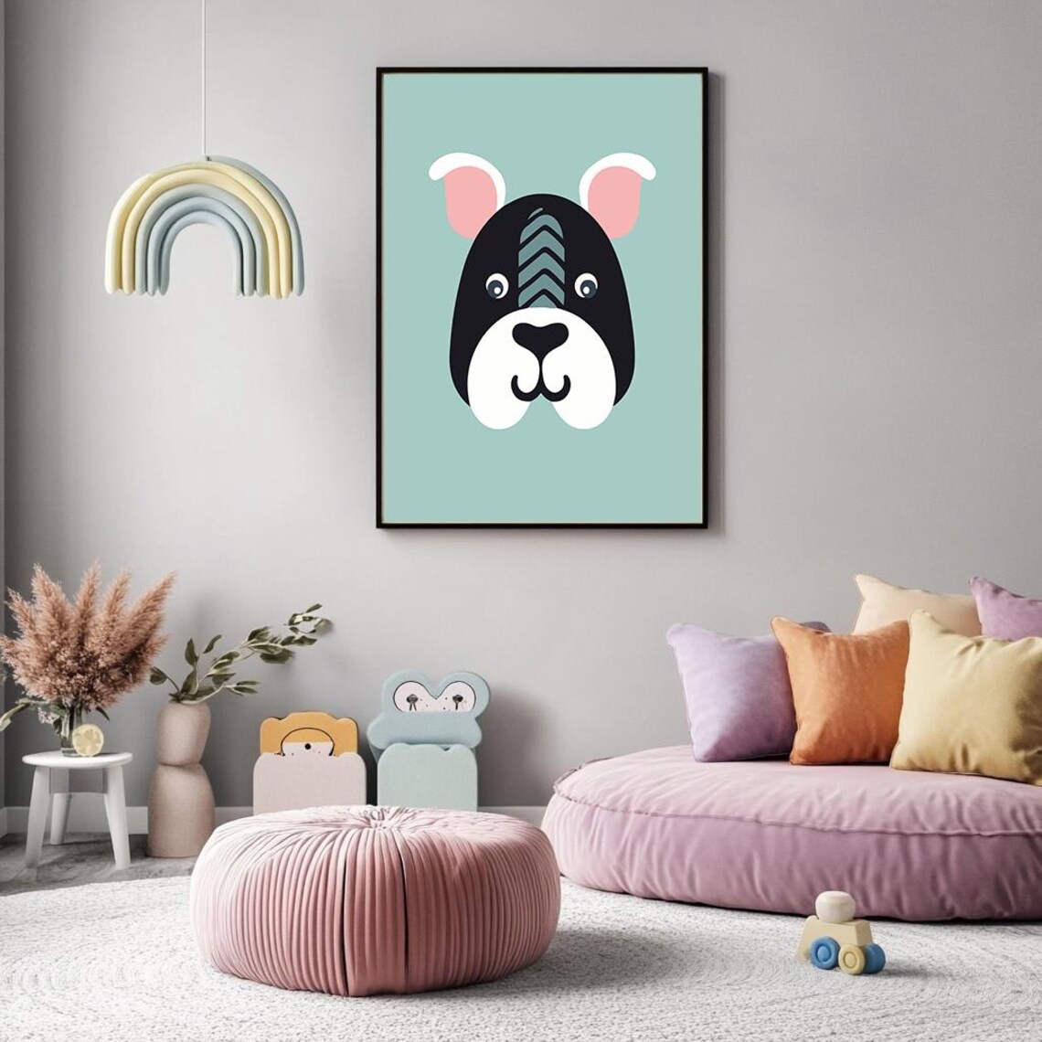 Minimalist Dog Face On Sage Green Nursery Kids Room Animal Art Poster - Image 4