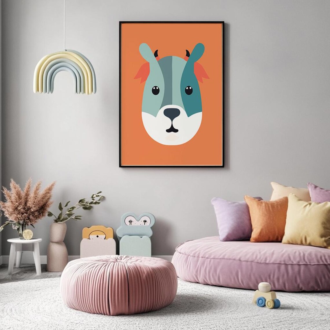 Minimalist Goat Face On Orange Nursery Kids Animal Art Poster - Image 4