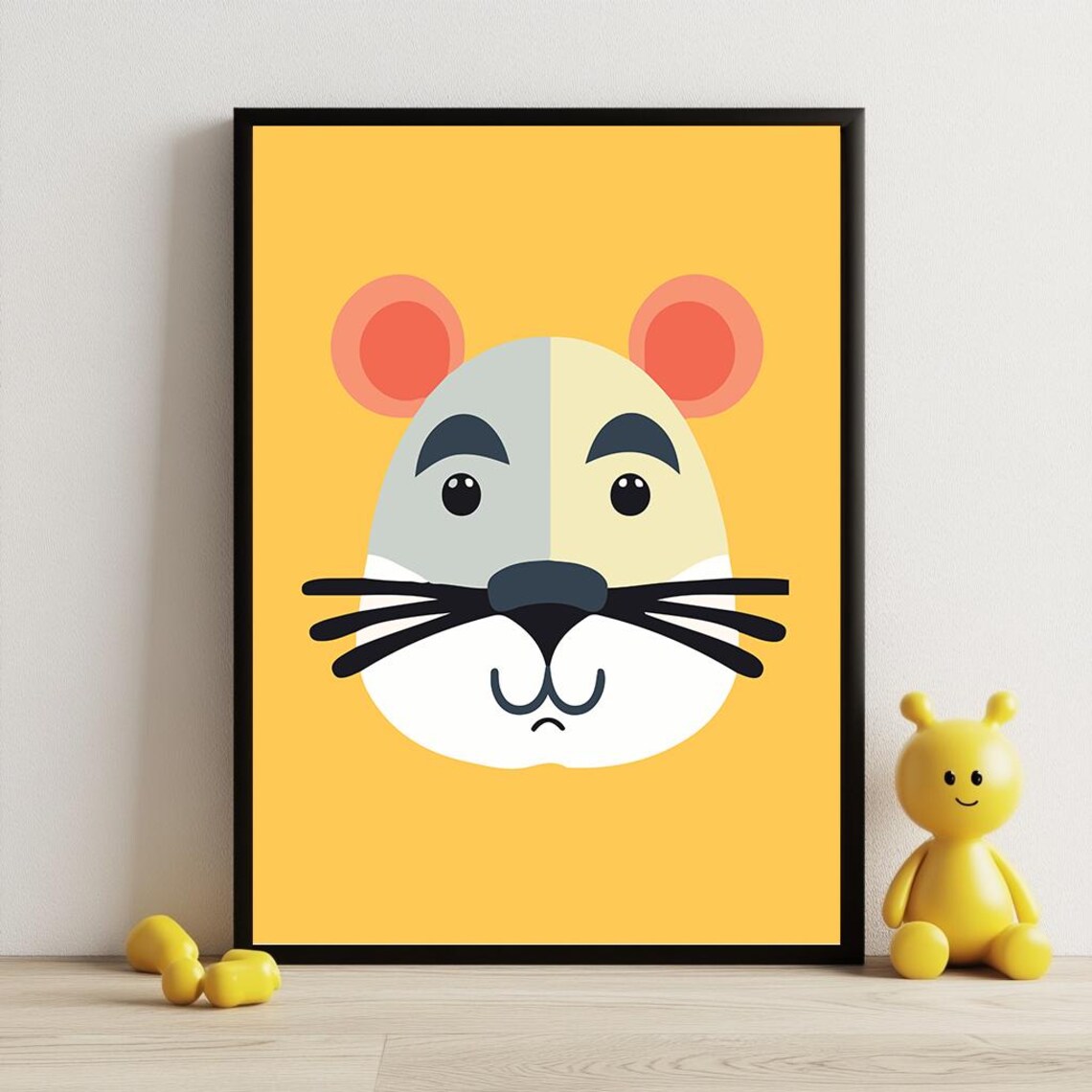 Minimalist Mouse Face On Yellow Nursery Kids Room Animal Art Poster - Image 3