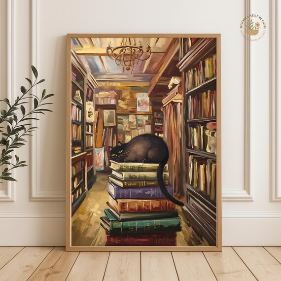 Black Cat Napping On A Stack Of Vintage Books In A Bookstore Poster