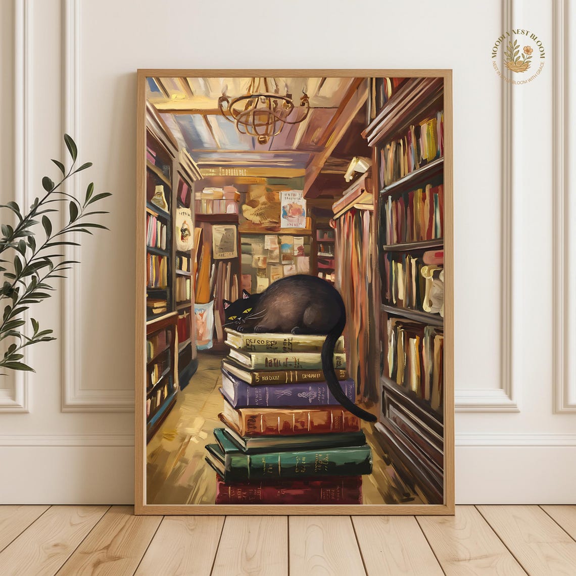 Black Cat Napping On A Stack Of Vintage Books In A Bookstore Poster