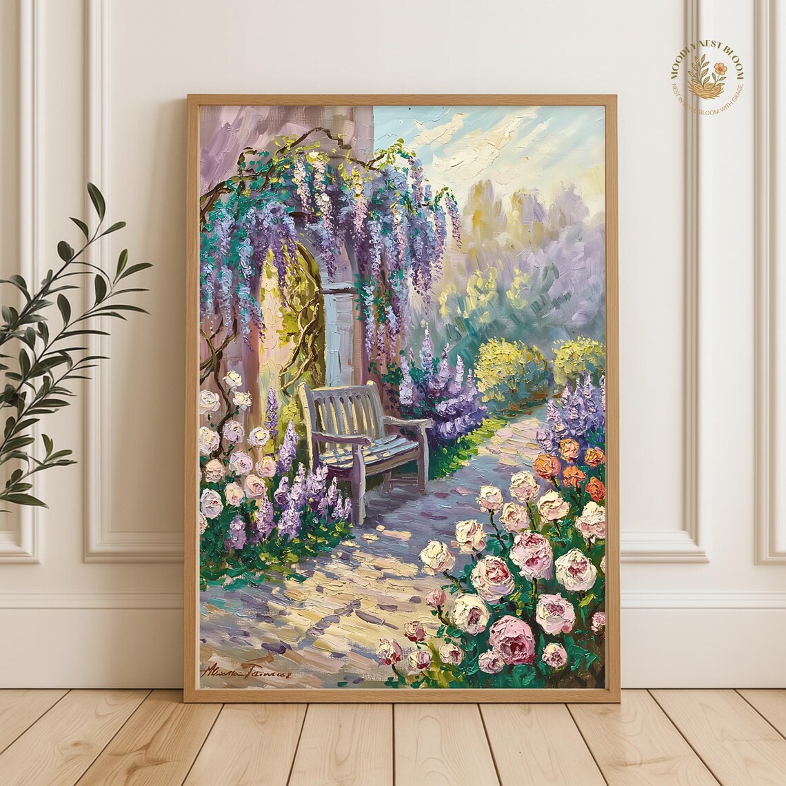 Wisteria Garden Bench Impressionist Floral Painting Wall Art