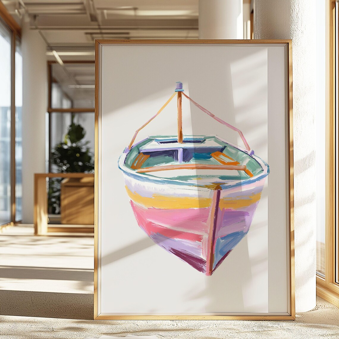 Coastal Boat Art Print, Abstract Beach House Decor
