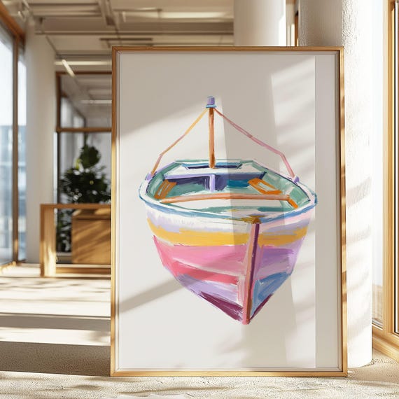 Coastal Boat Art Print, Abstract Beach House Decor