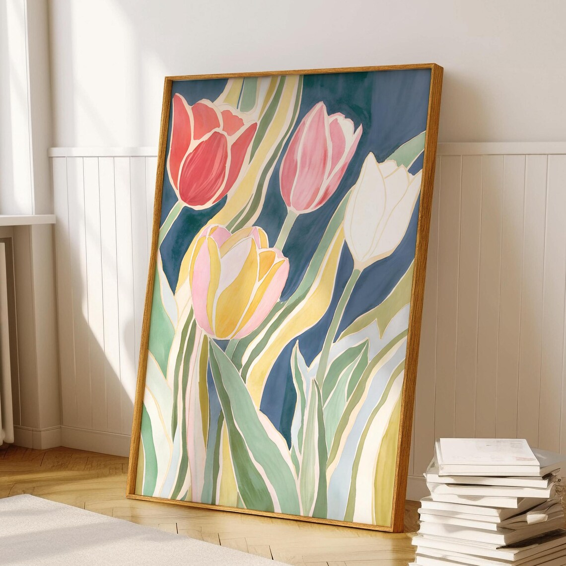 Colorful Tulips Navy Background Bold Watercolor Floral Wall Art