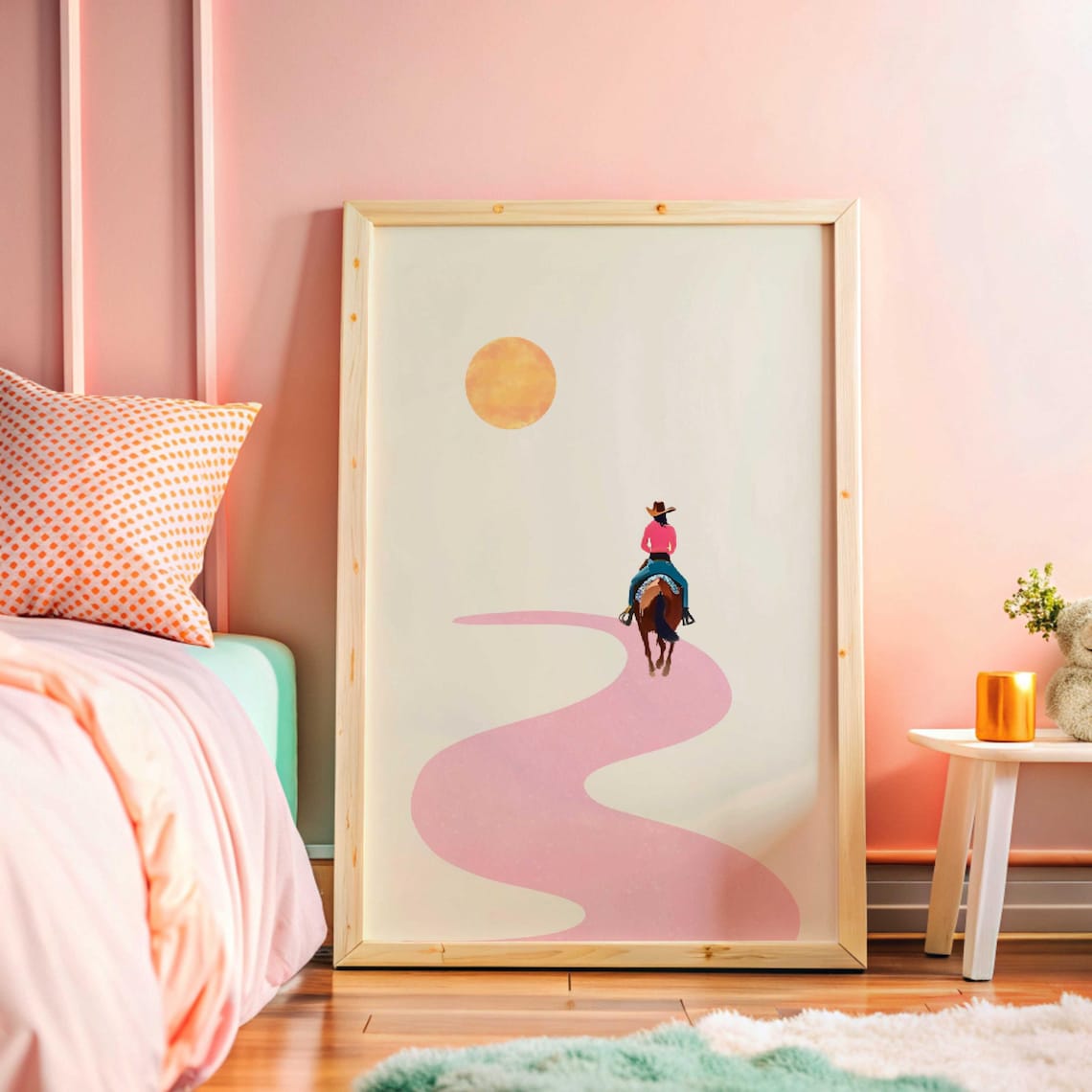 Minimalist Cowgirl Riding Into the Sunset Pink Abstract Western Poster