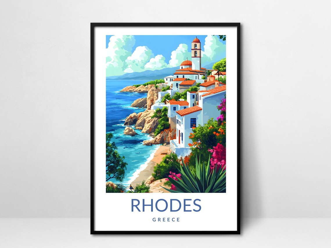 Rhodes Greece Coastal Village Poster Whitewashed Cliff Church Sea View
