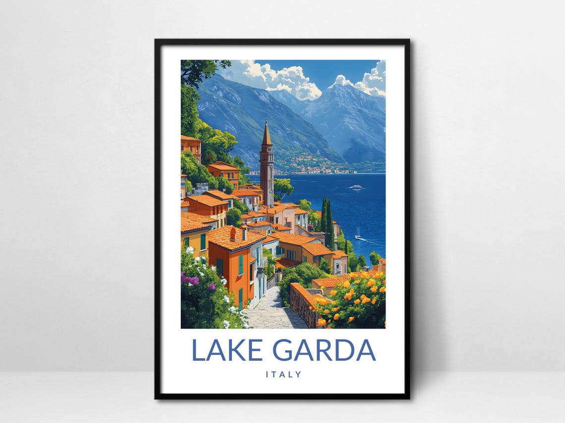 Lake Garda Wall Art Italy Travel Poster Italian Village Scenery Scenic Coastal Decor European Landscape Print Italy Gift Art