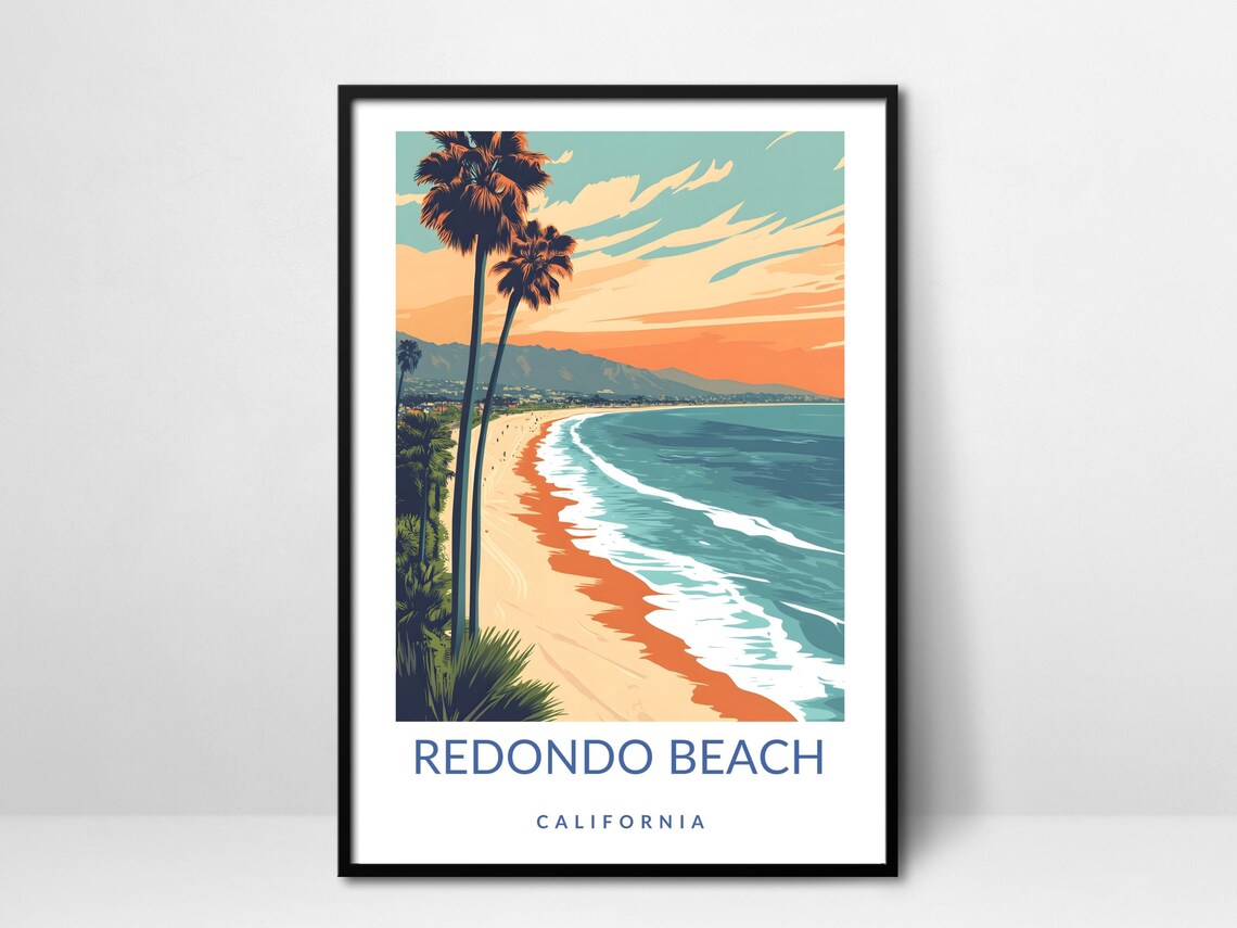Redondo Beach California Coast Poster Palm Sunset Beach Vintage Travel