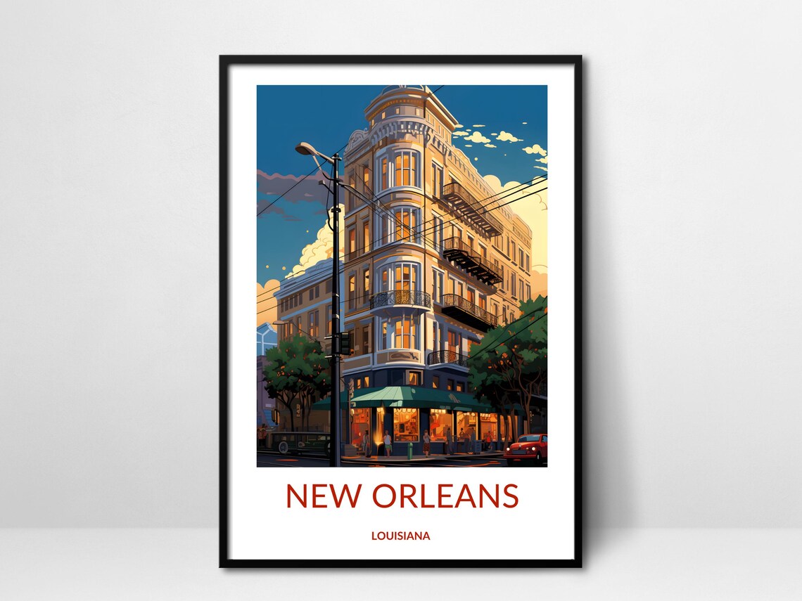 New Orleans Louisiana Night Building Lit Windows Travel Poster