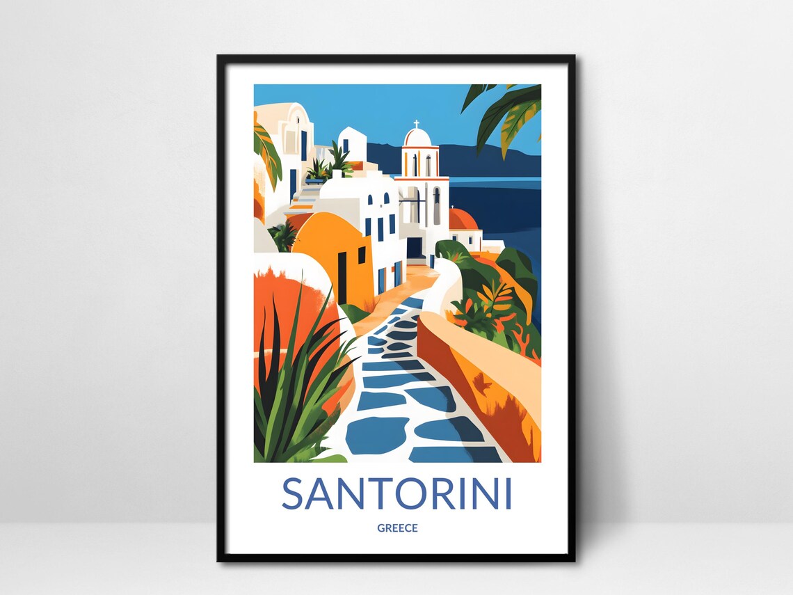 Santorini Village Street White Church Sunny Day Greece Travel Poster