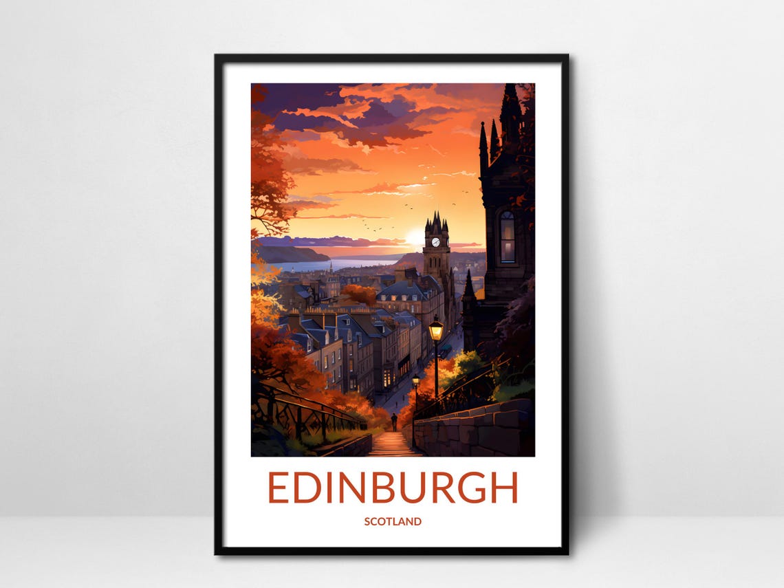 Edinburgh Sunset Cityscape Clock Tower Scotland Skyline Poster