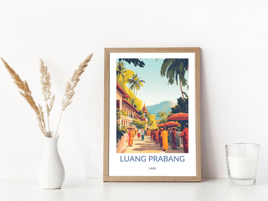Luang Prabang Laos Morning Alms Giving Monks Cultural Travel Poster - Image 3