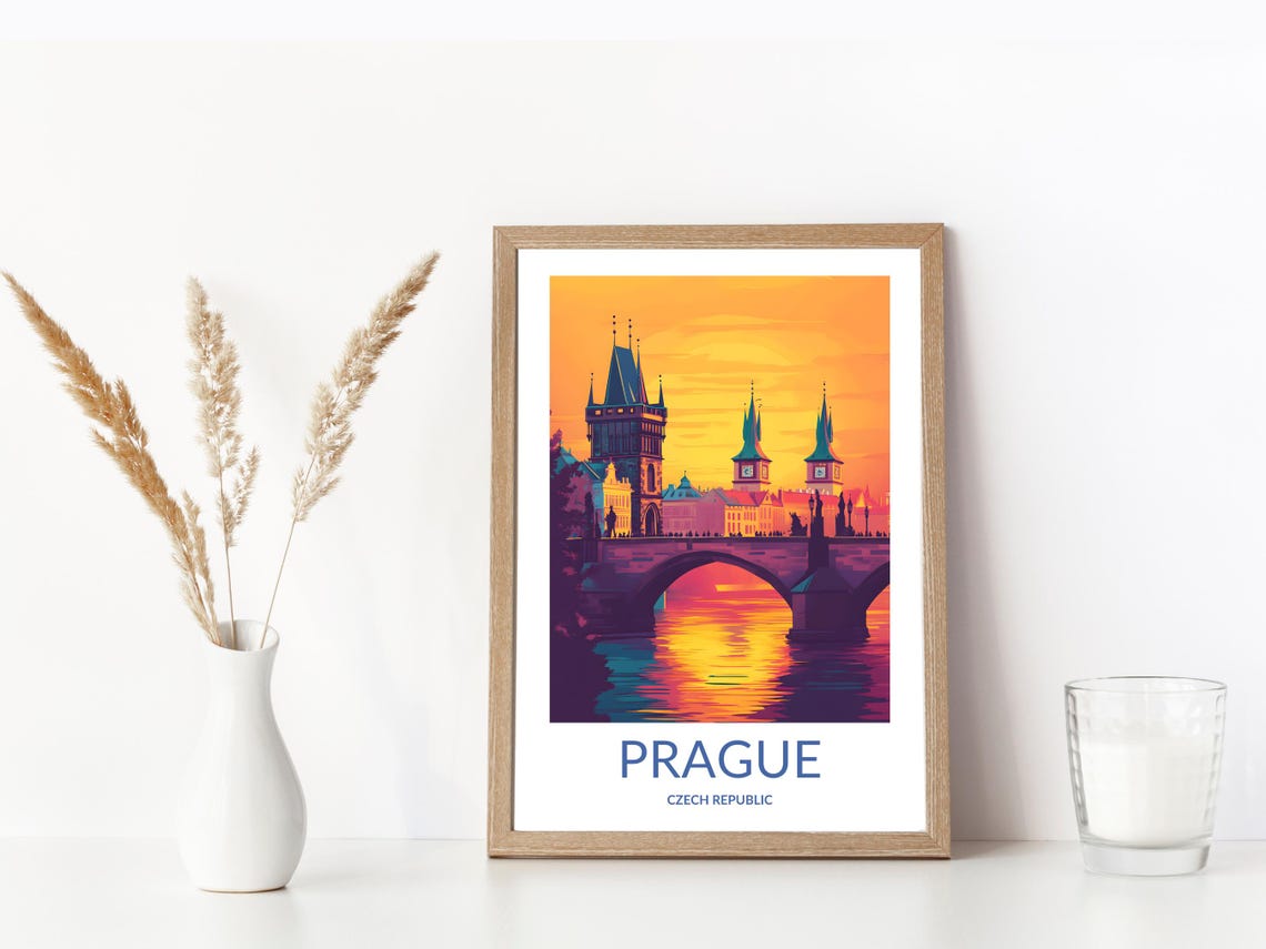 Prague Czech Republic Charles Bridge Tower Sunset Travel Poster - Image 3