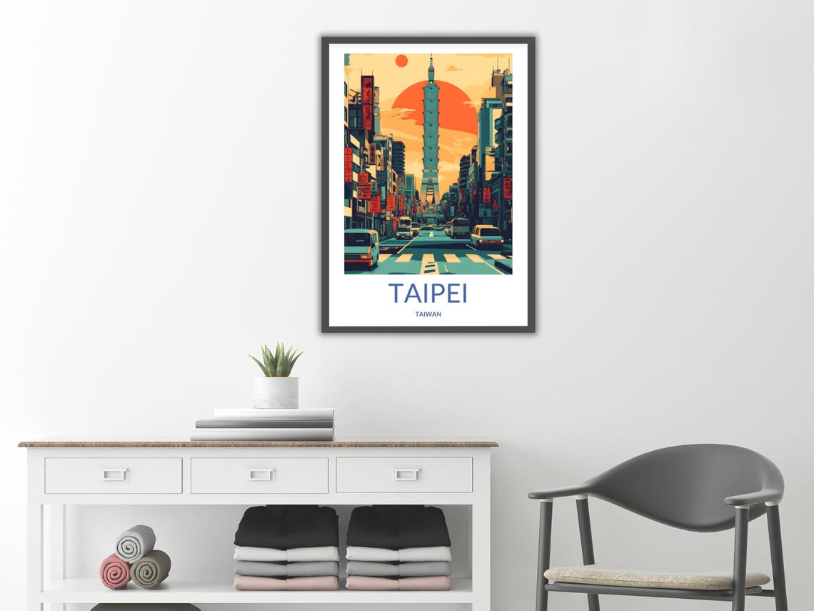 Taipei 101 Tower Sunset Street Scene Retro Vintage Travel Poster - Image 2