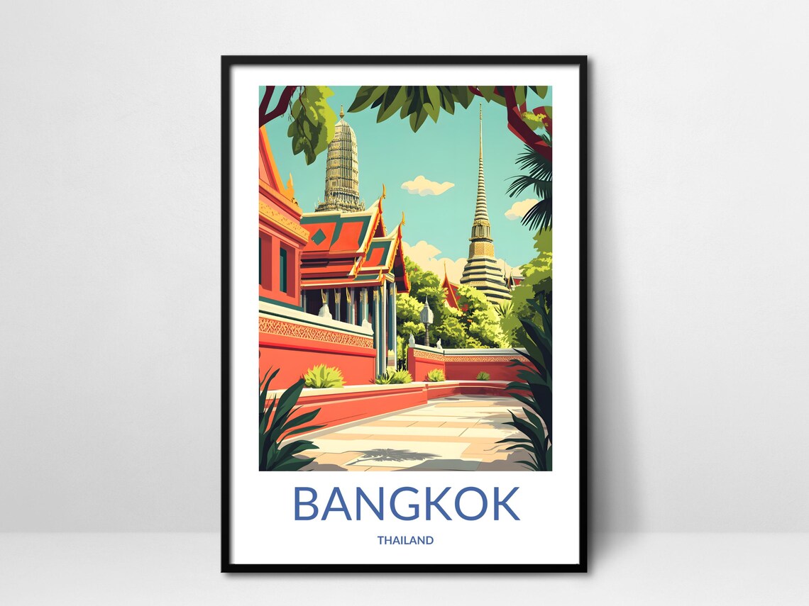Bangkok Thailand Temple Courtyard Stupa Spires Red Walls Travel Poster