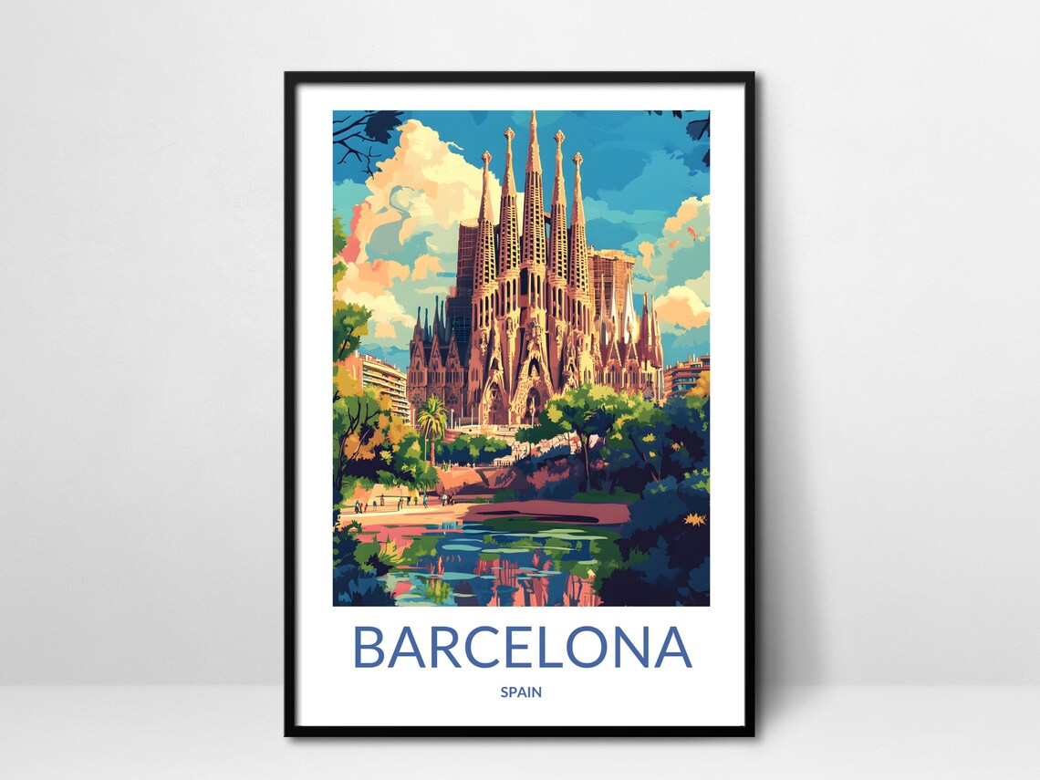 Barcelona Spain Sagrada Familia Cathedral Vintage Travel Poster