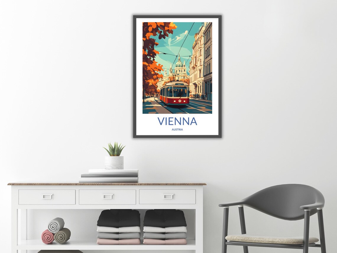 Vienna Austria Red Tram Autumn Street Baroque Church Scene Poster - Image 2