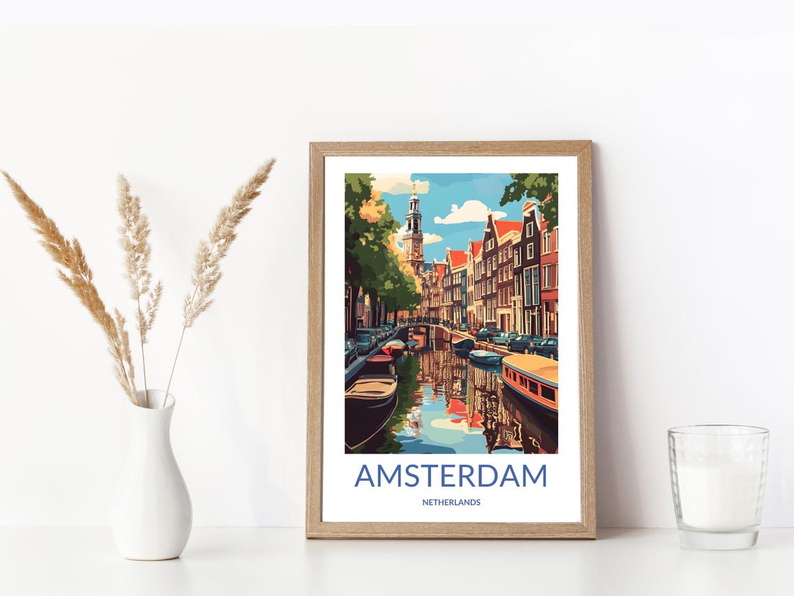 Amsterdam Canal Boats Church Tower Dutch Houses Netherlands Poster - Image 3
