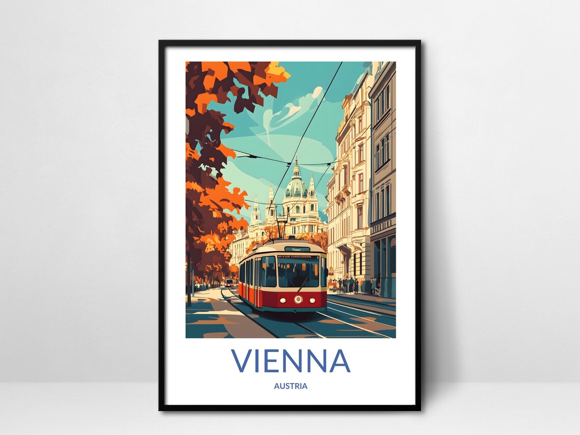 Vienna Austria Red Tram Autumn Street Baroque Church Scene Poster