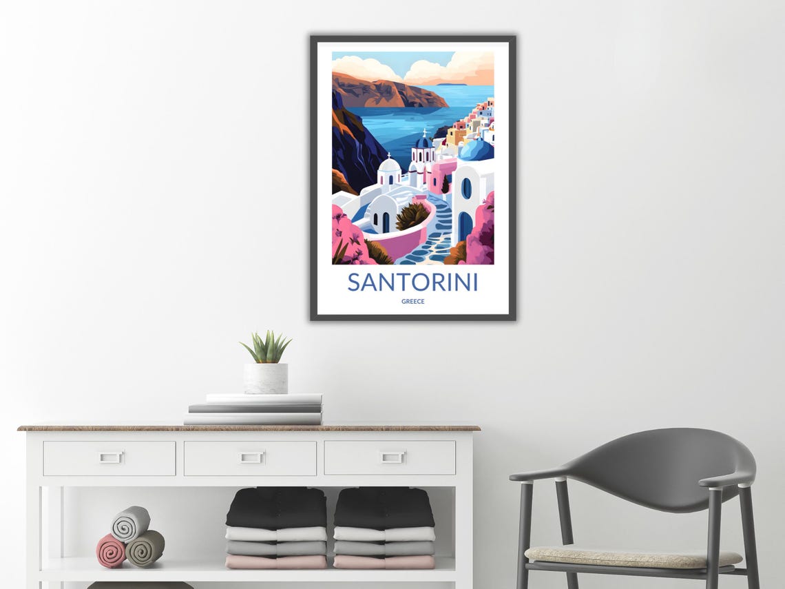 Santorini Blue Domes Village Church Daytime Mediterranean View Poster - Image 2