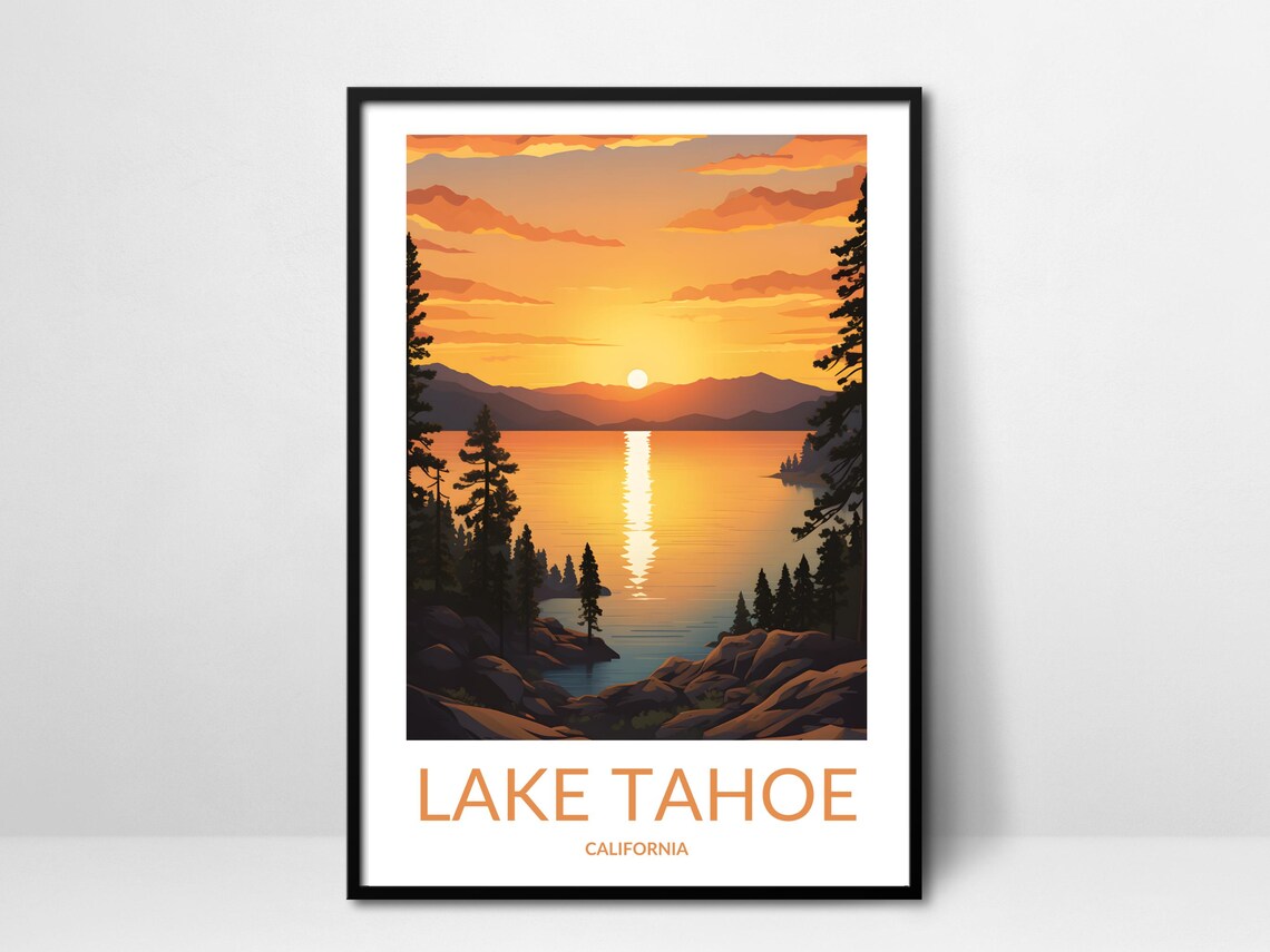 Lake Tahoe California Sunset Glow Pine Shore Vintage Travel Poster