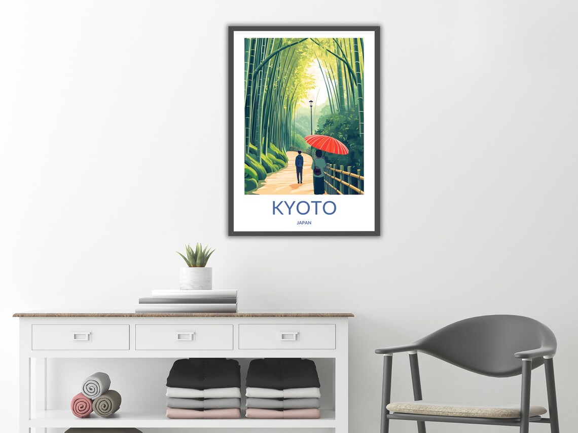 Kyoto Japan Bamboo Forest Path Red Umbrella Figure Serene Walk Poster - Image 2