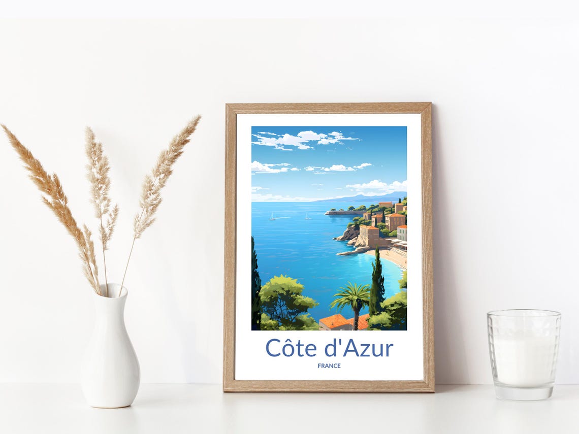 French Riviera Coastal Town Palm Trees Mediterranean Sea Poster - Image 3