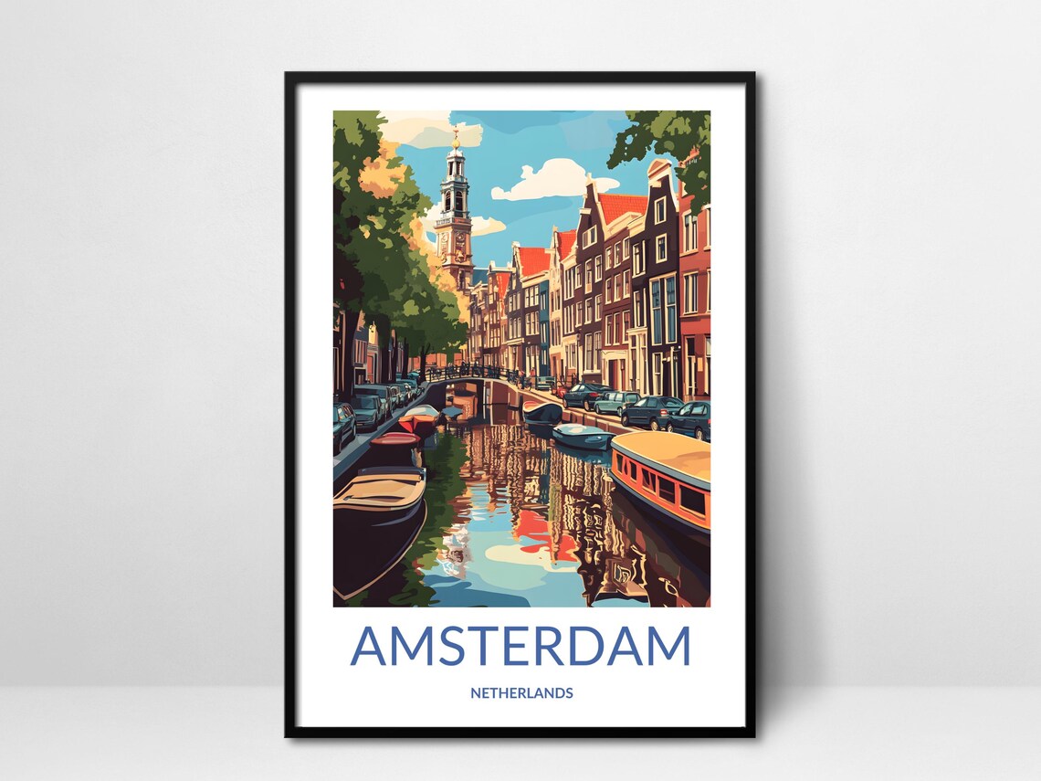 Amsterdam Canal Boats Church Tower Dutch Houses Netherlands Poster