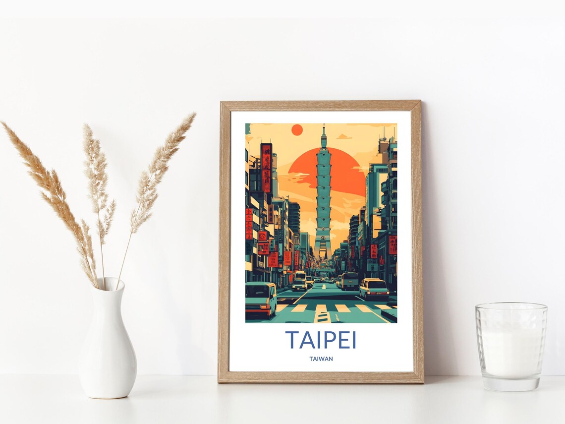 Taipei 101 Tower Sunset Street Scene Retro Vintage Travel Poster - Image 3