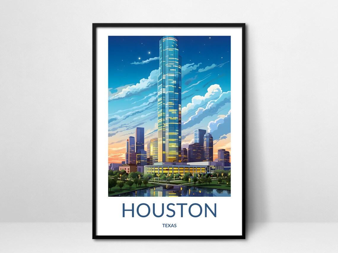 Houston Texas Night Skyline Glass Tower Lights City Travel Poster