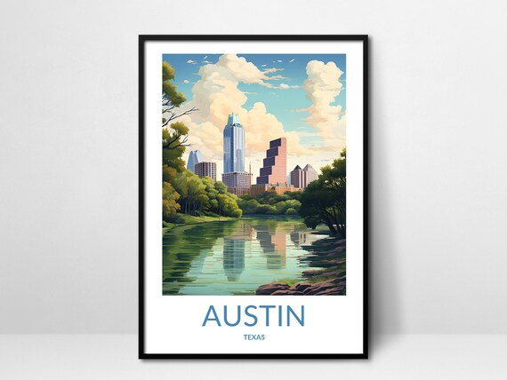 Austin Texas City Skyline River Reflection Vintage Travel Poster