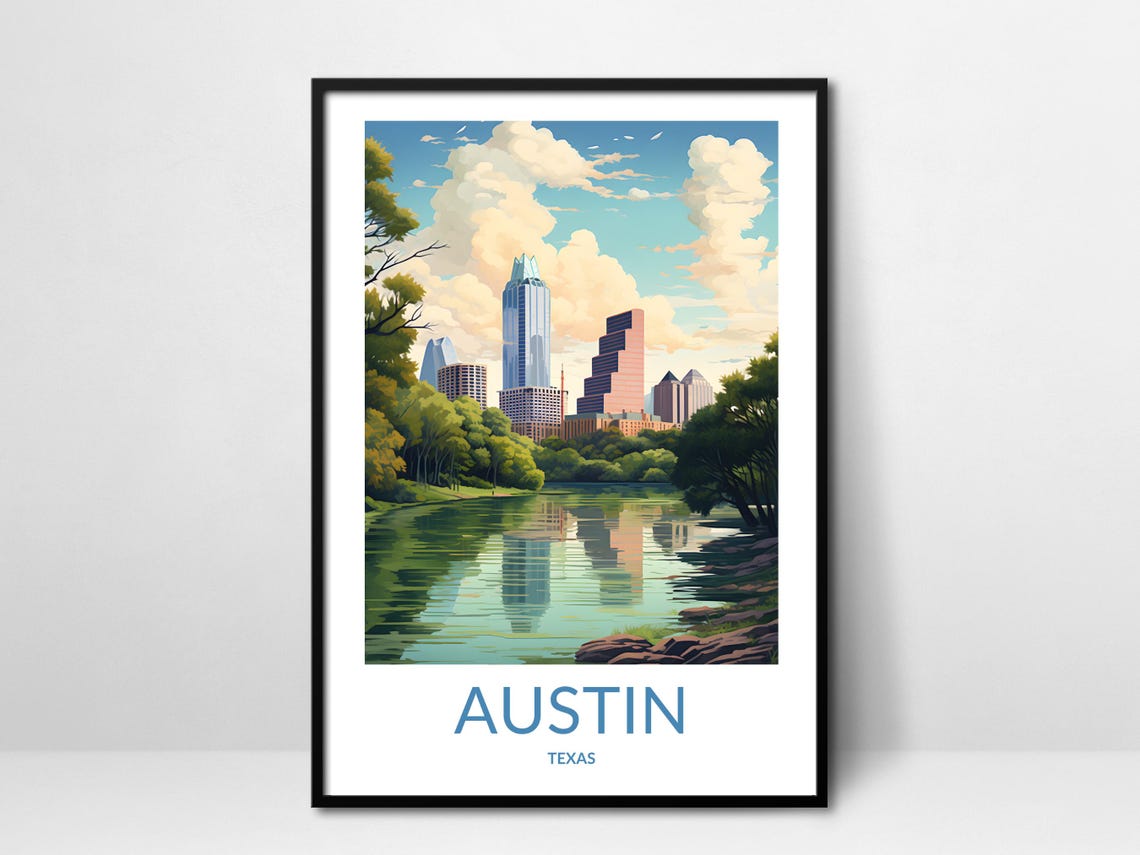 Austin Texas City Skyline River Reflection Vintage Travel Poster
