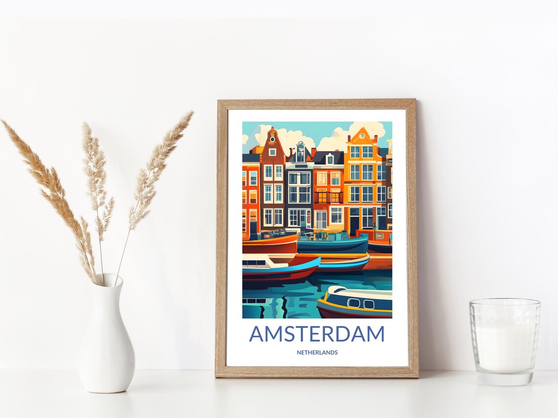 Amsterdam Canal Boats Gabled Houses Waterfront Netherlands Art Poster - Image 3