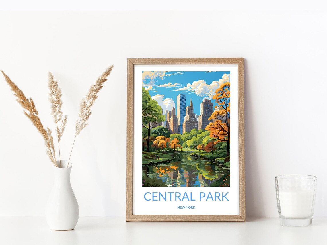 Central Park New York Autumn Pond Skyline Retro Travel Poster - Image 3
