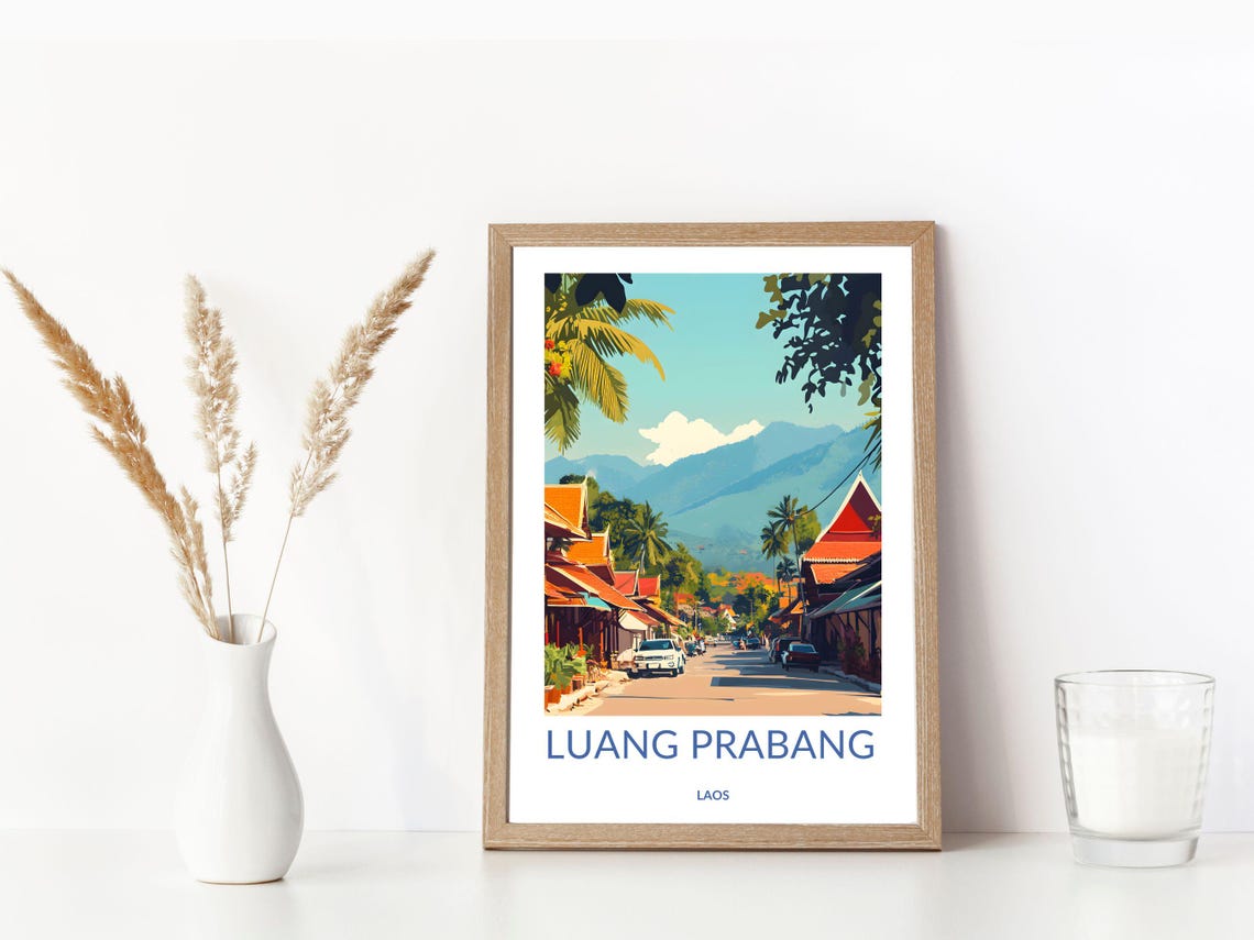 Luang Prabang Laos Temple Street Mountain View Travel Poster - Image 3