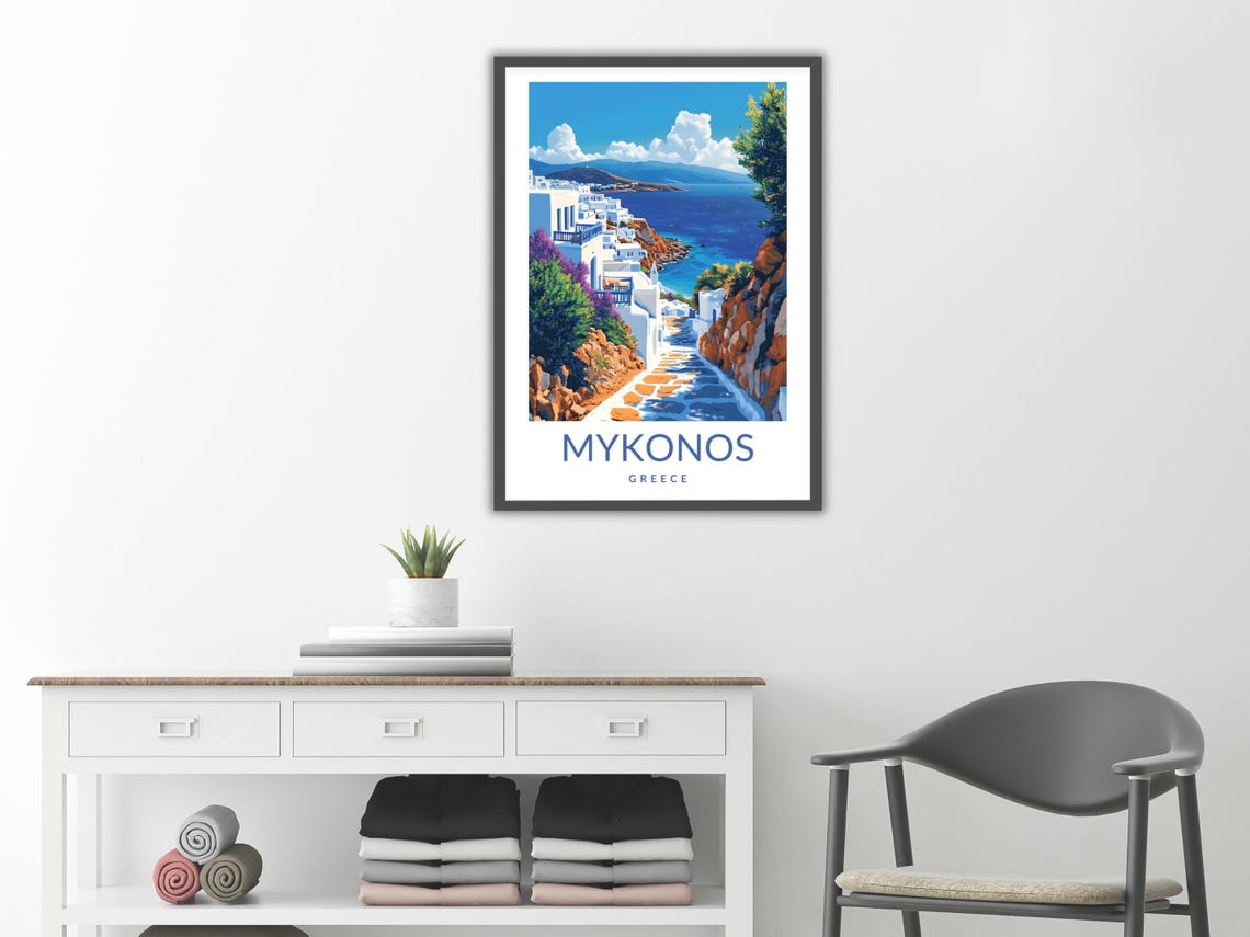 Mykonos Greece Cobblestone Lane Vintage Travel Poster Blue Sea View - Image 2