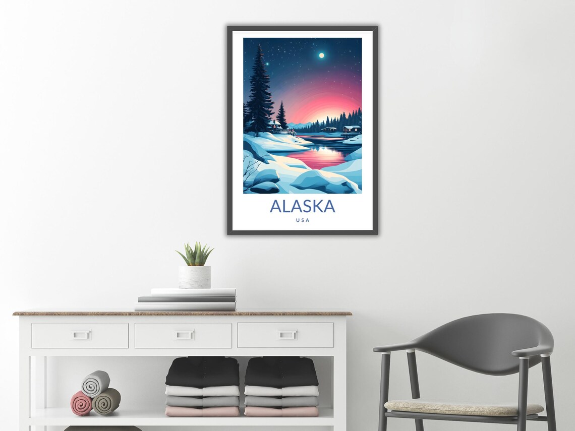 Alaska USA Winter Night Cabin Poster Snowy Lake Moonlight Landscape Art - Image 2