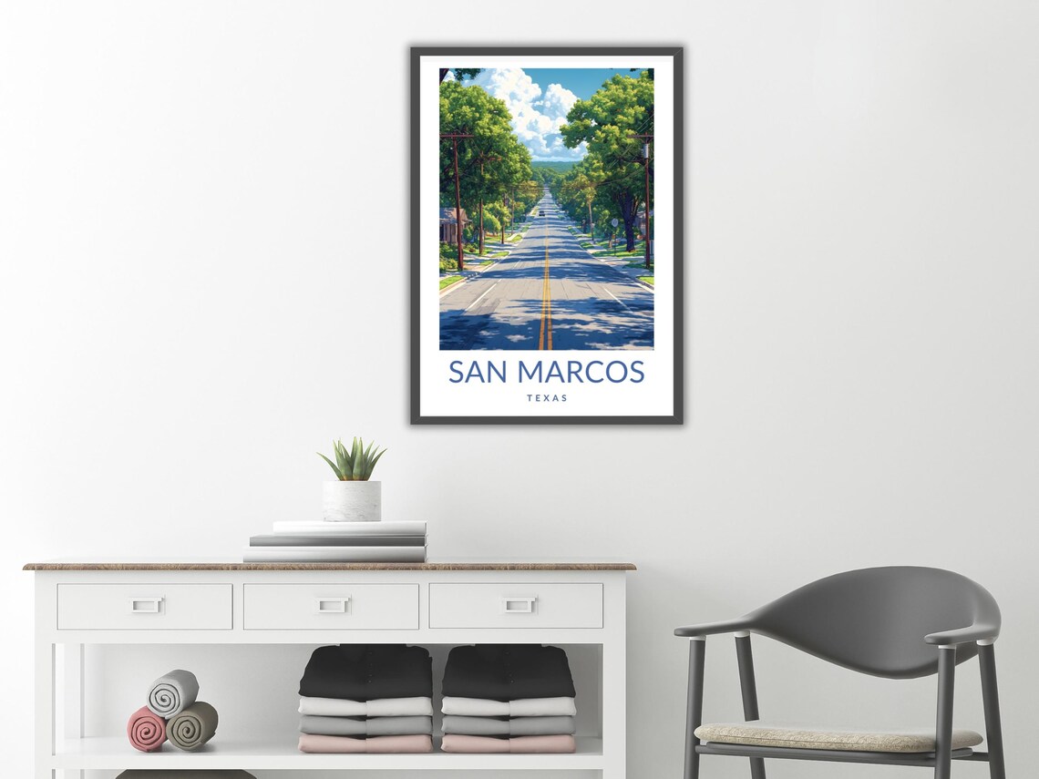 San Marcos Texas Scenic Road Poster Tree Lined Street Hill Country Art - Image 2