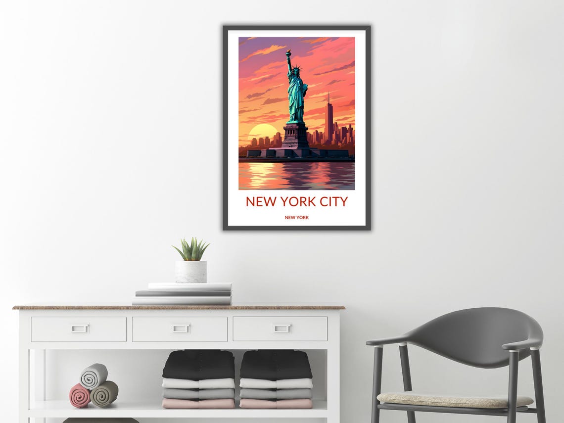 Statue Of Liberty At Sunset With New York City Skyline Poster Iconic Nyc Landmark Wall Art New York City Travel Poster - Image 2
