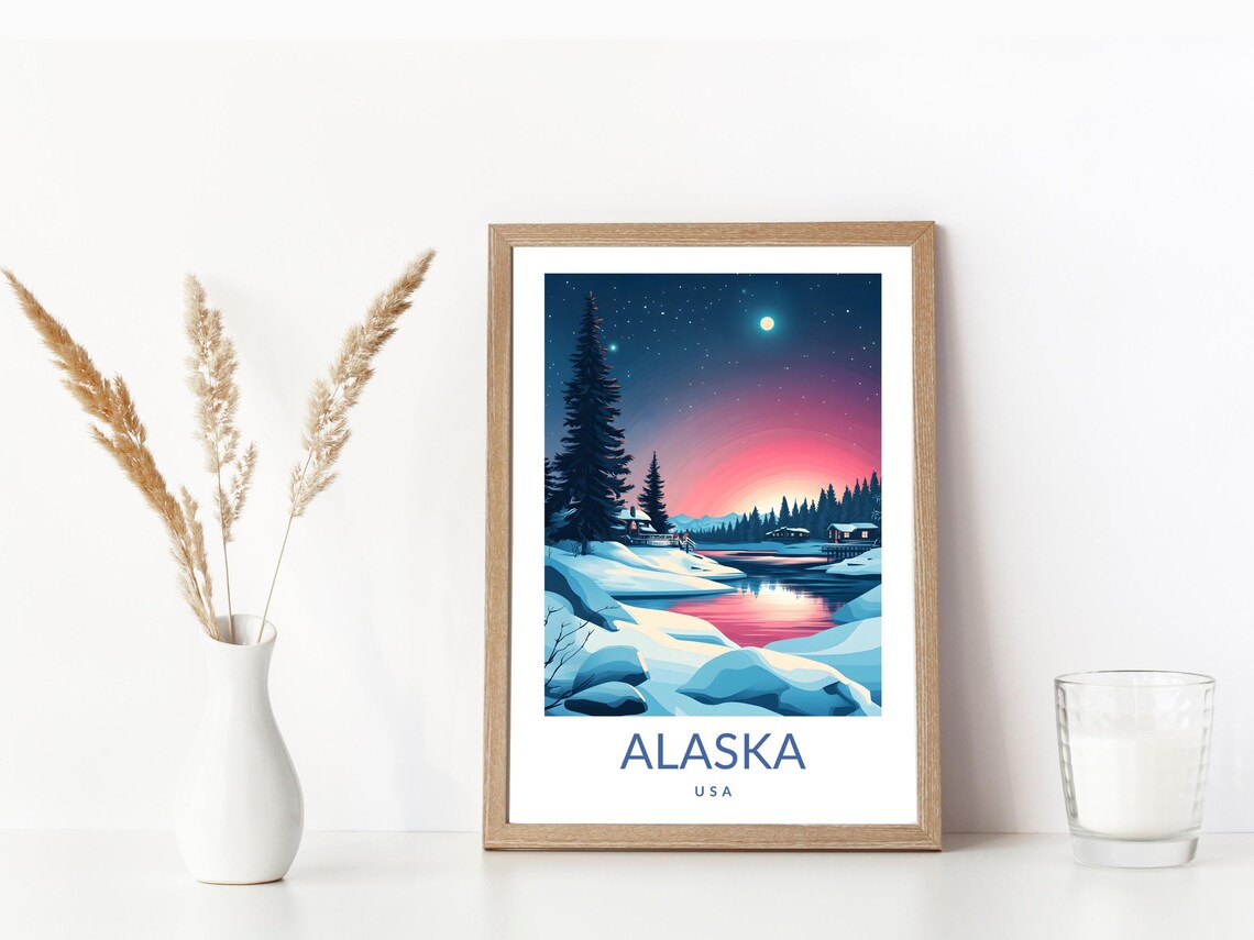Alaska USA Winter Night Cabin Poster Snowy Lake Moonlight Landscape Art - Image 3