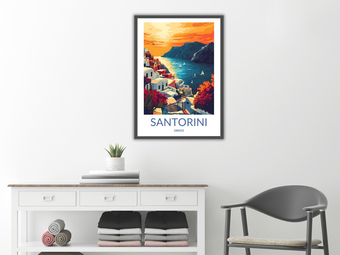 Santorini Sunset Caldera Sailboats Orange Sky Greece Travel Poster - Image 2