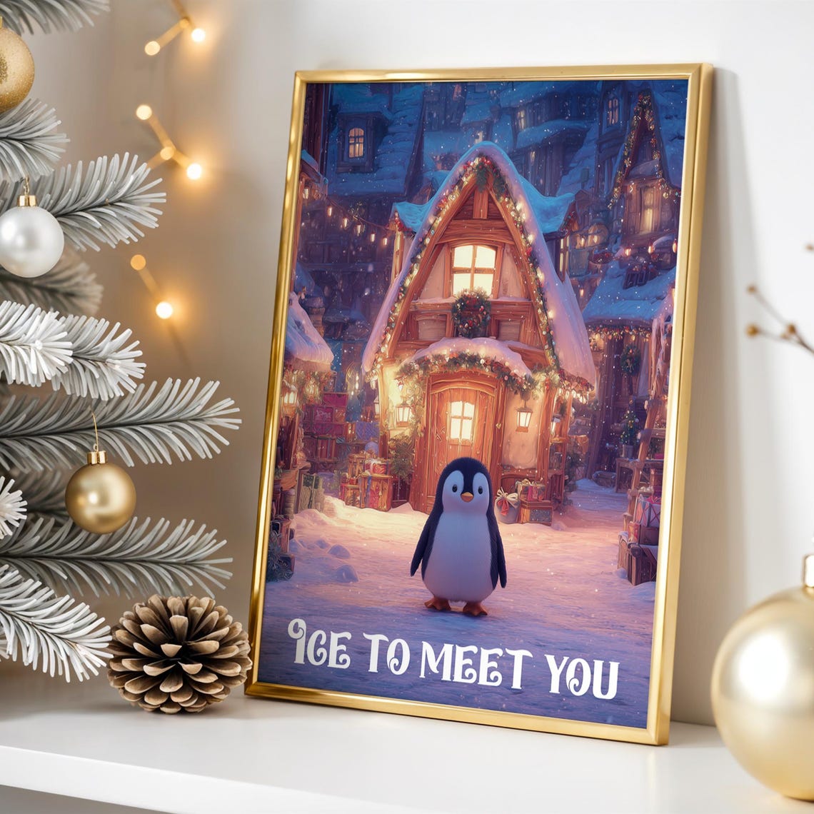 Cute Penguin Snowy Cabin Christmas Ice To Meet You Funny Poster