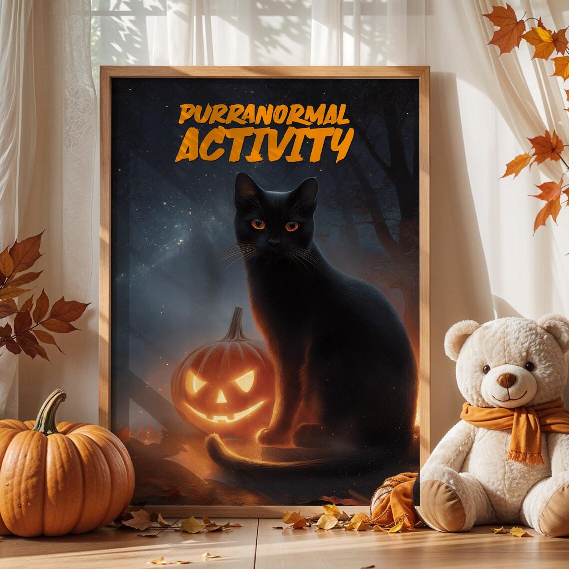 Black Cat Halloween Poster Funny Purranormal Activity Wall Art With Pumpkin Lantern