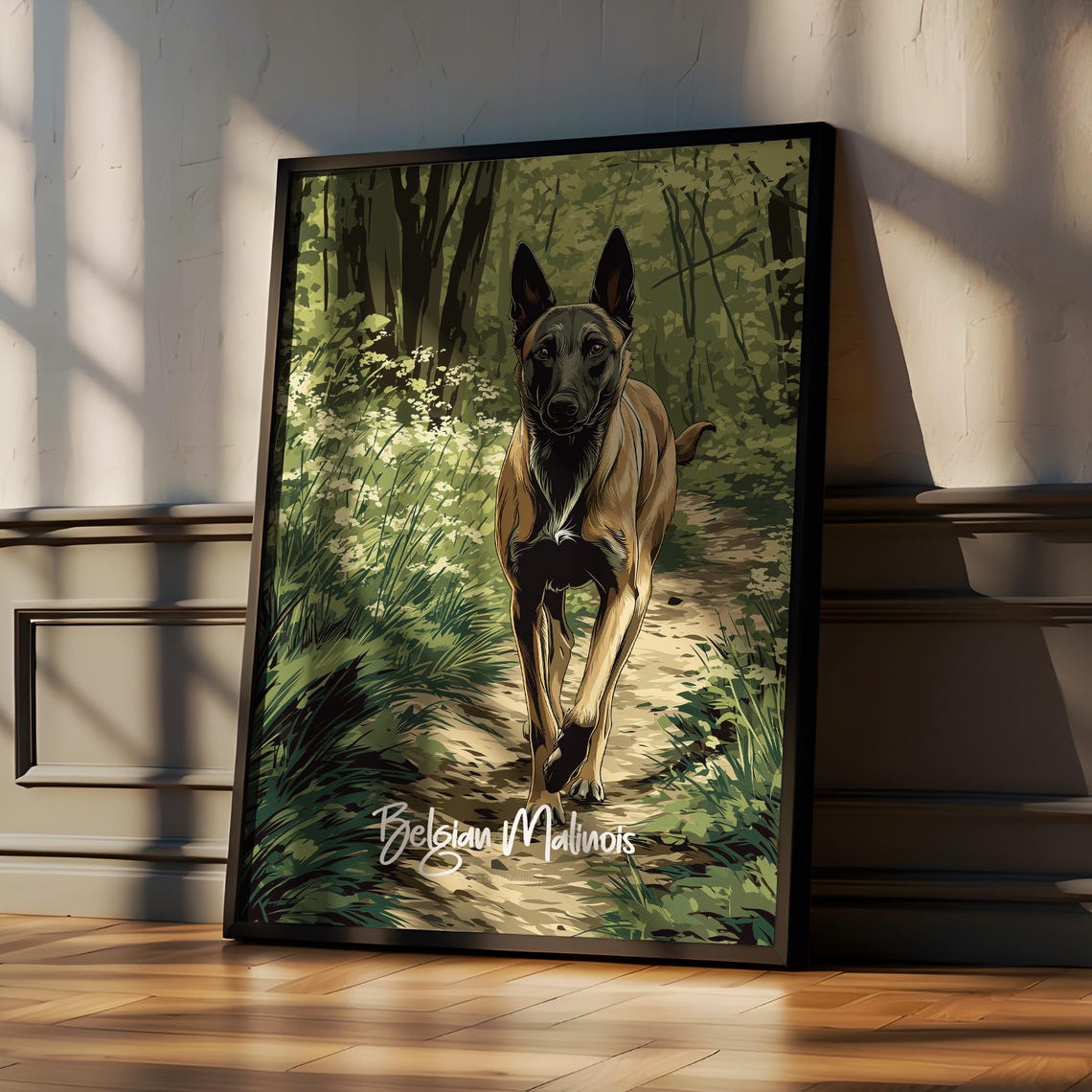 Belgian Malinois Running On Forest Trail Modern Dog Art Poster