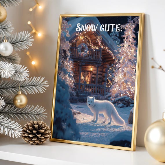 Snow Cute Arctic Fox Poster Winter Christmas Wall Art For Cabin Or Kids Room