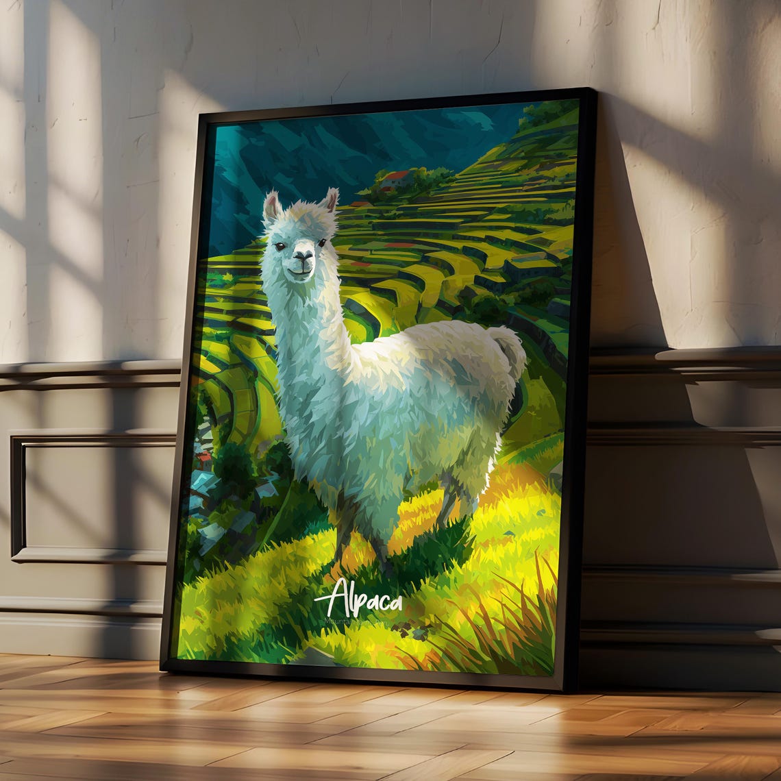 Fluffy Alpaca on Green Terraced Hillside Nursery Decor Poster