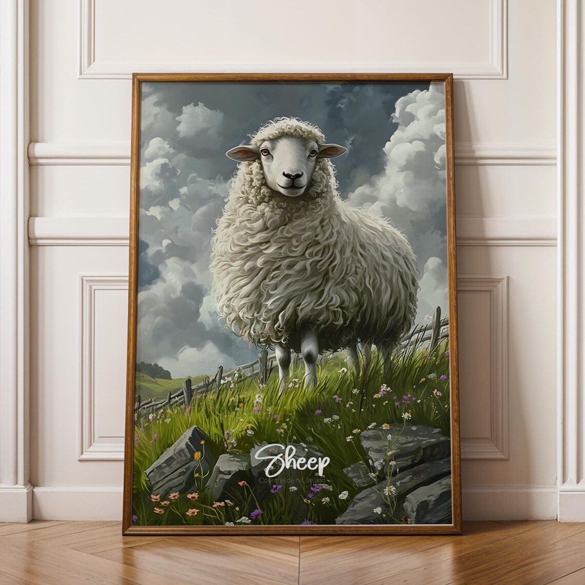 Fluffy Sheep on Wildflower Rocky Pasture Farm Animal Portrait Poster